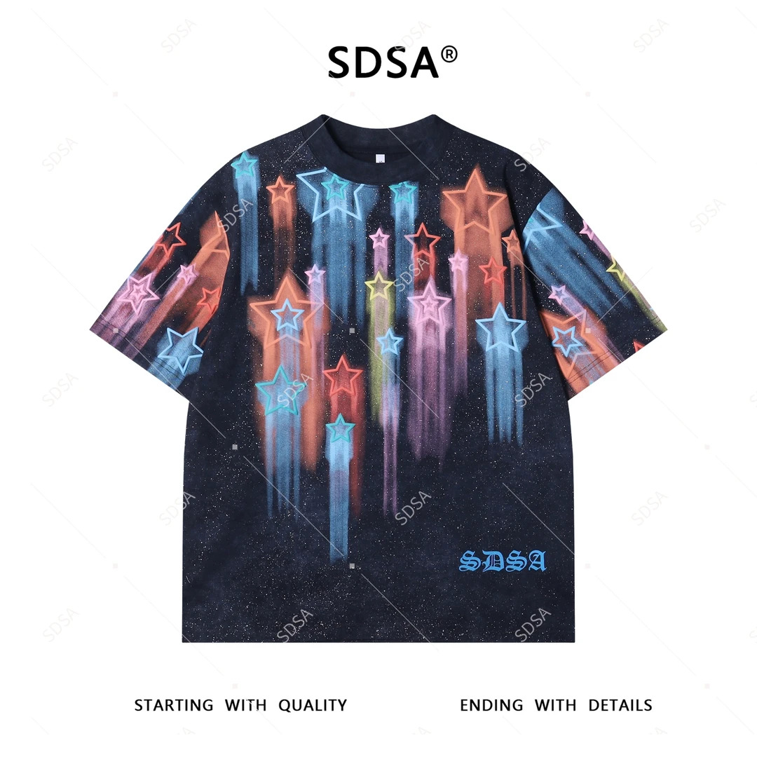 夏季高级感新款男士韩系满天星彩色星星印花短袖T恤街头宽松上衣