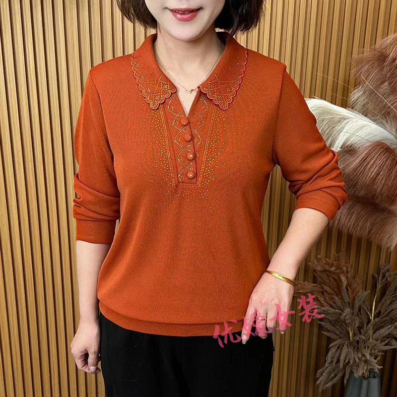 2025春季新款时尚花边翻领烫钻显瘦百搭洋气妈妈装长袖上衣 A8898