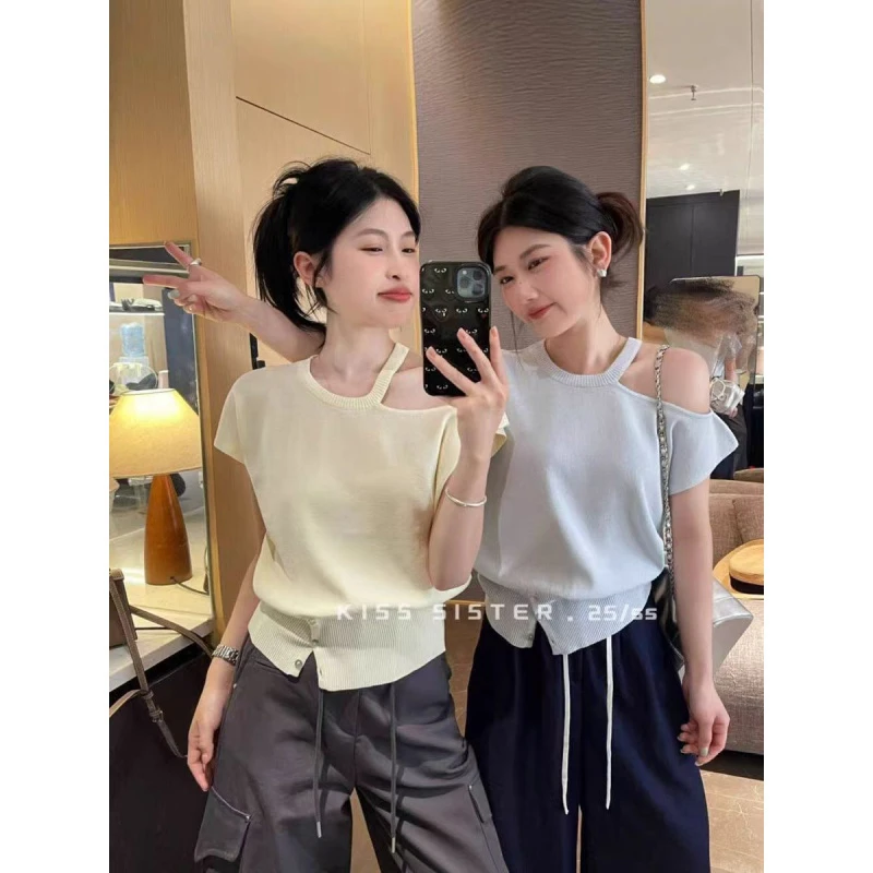 时尚短袖t恤女新款夏季爆款高级感超好看设计感露肩白色针织上衣