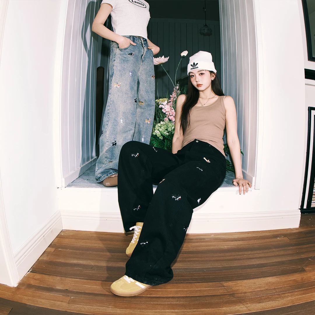 lemanism2025新款卡通小狗刺绣水洗欧若风直筒牛仔裤DJ104-N77328