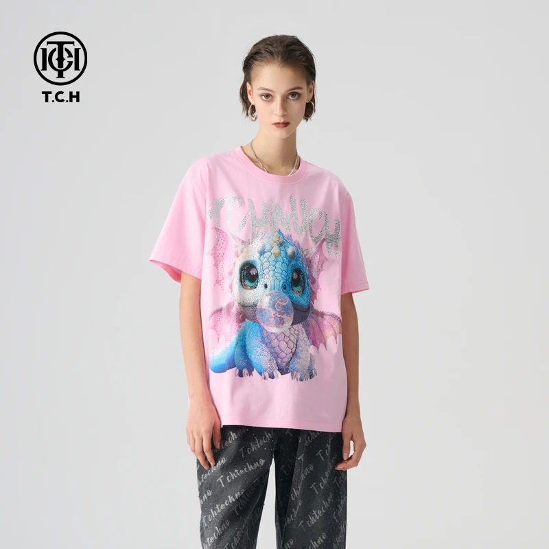 TCH服饰店播-春夏新款潮流烫钻小龙经典系列短袖T恤T72B106073
