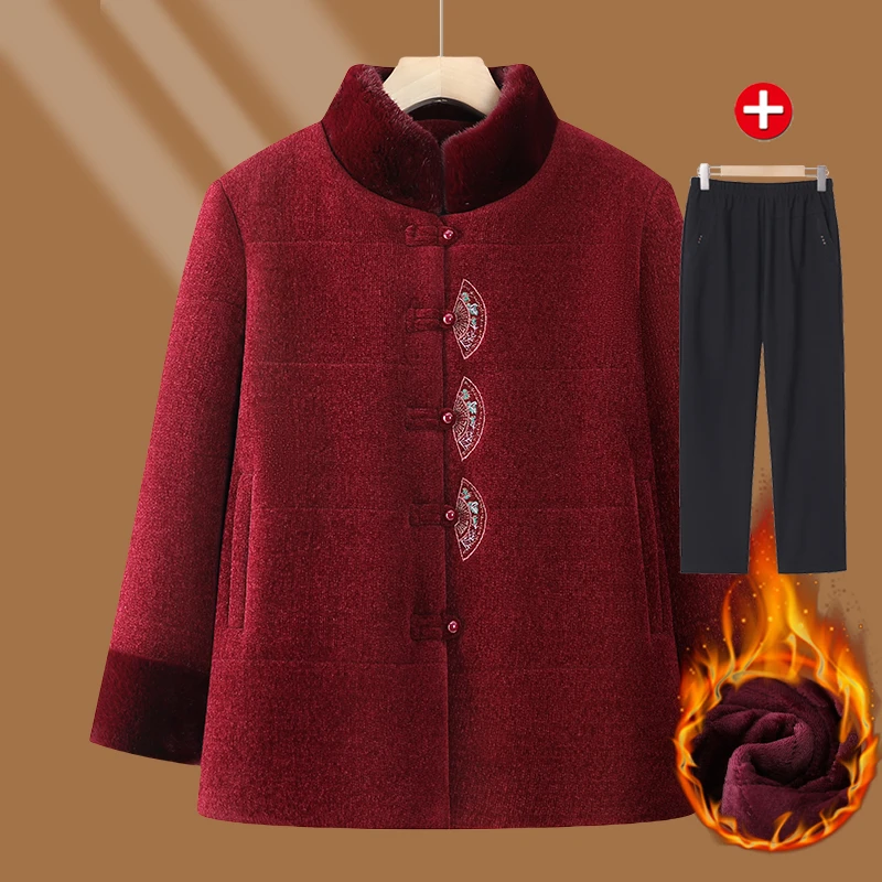 奶奶冬装毛呢外套女中老年人妈妈加绒老人衣服保暖老太太唐装棉衣