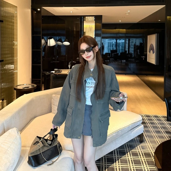 美式复古纯色立领长袖工装外套女装2025秋季新款休闲小众夹克上衣