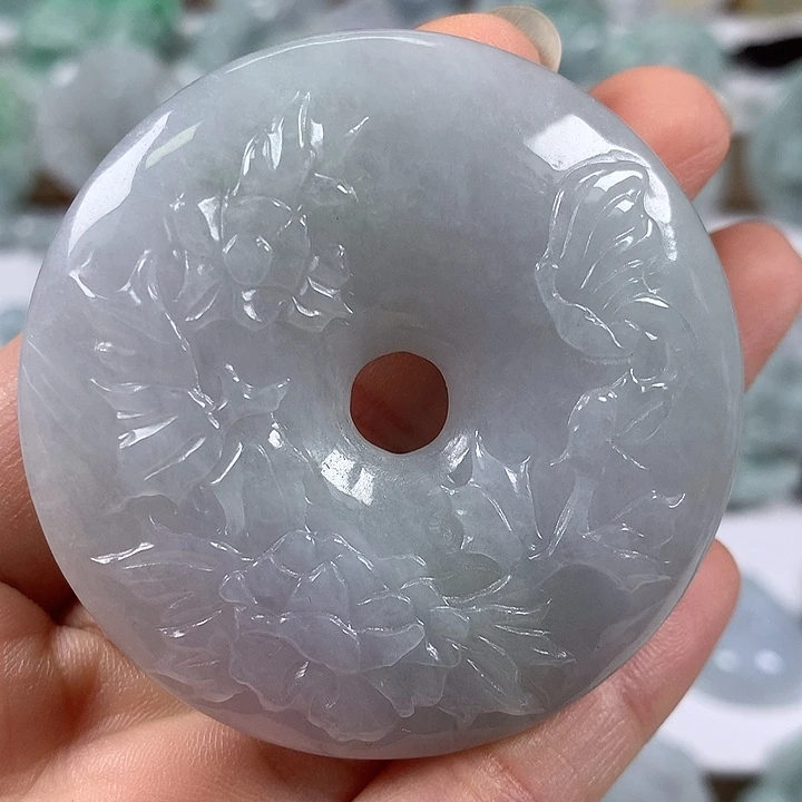 翡翠未镶嵌颈饰花开富贵平安扣两面工艺福利