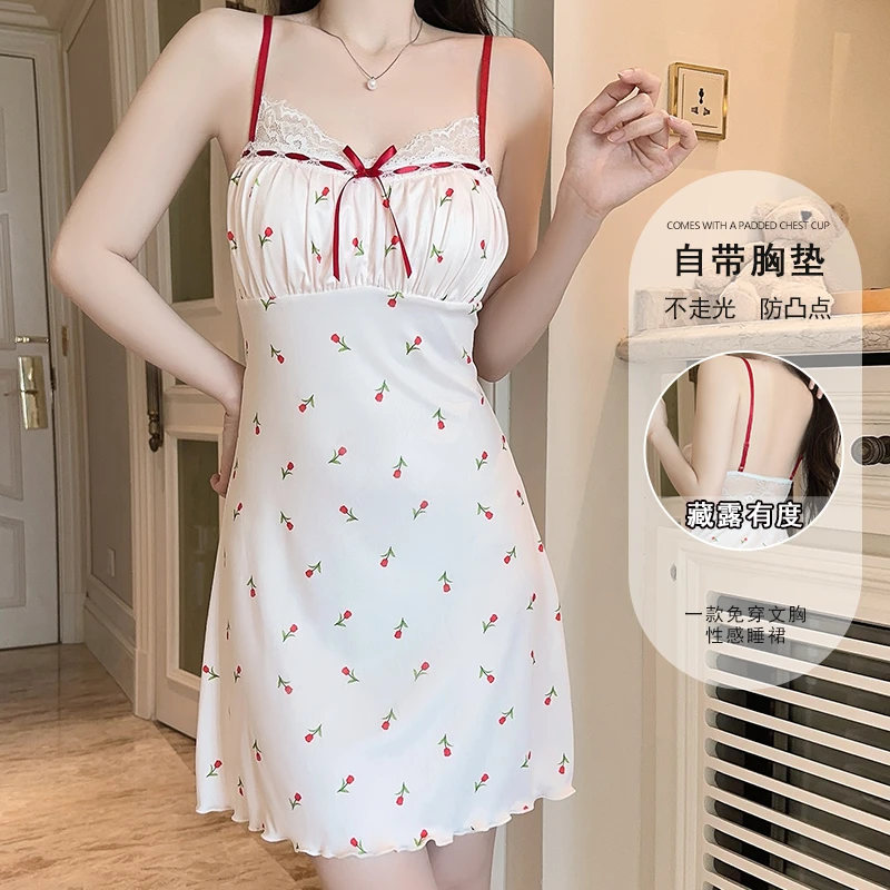 舒菲猫【棉花糖吻】80-200斤甜美印花纯欲加胸垫性感吊带睡裙大码