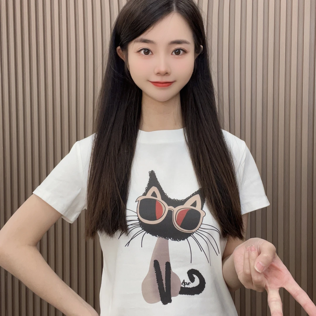 小猫 2025夏季新款圆领短袖T恤百搭显瘦上衣女时尚休闲印花