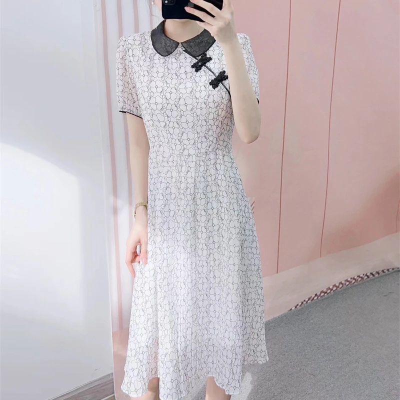 3077清仓C1汉派娃娃领印花改良版短袖旗袍连衣裙077