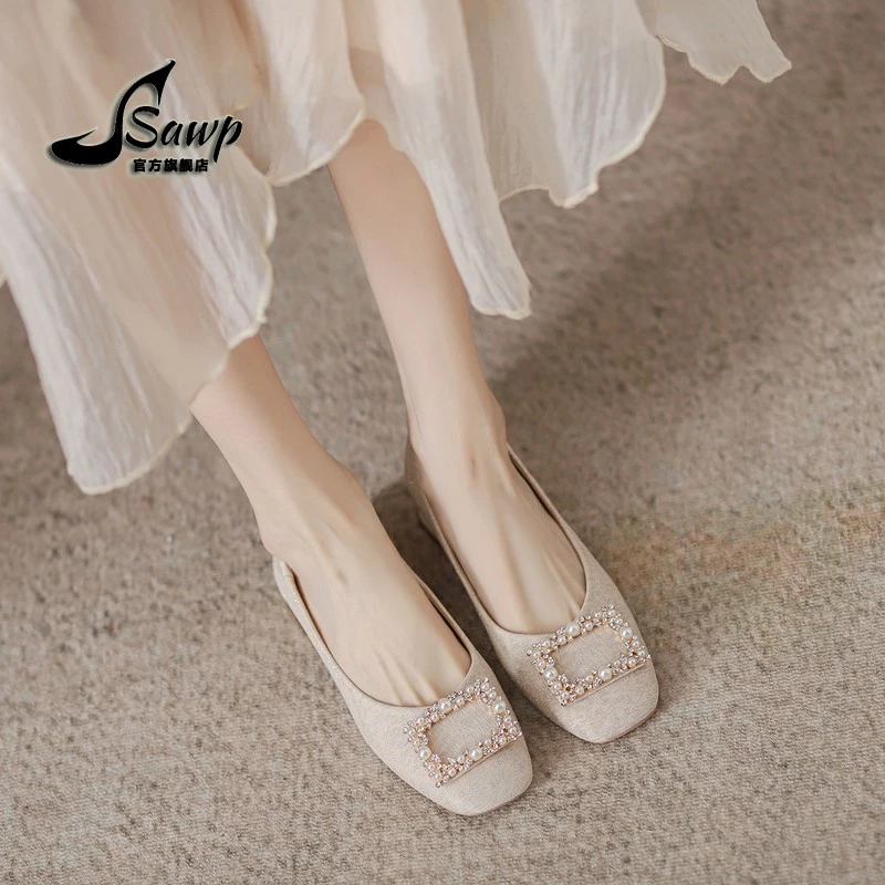 配裙子单鞋女2025夏新款粗跟法式温柔风低高跟旗袍订婚鞋子伴娘鞋