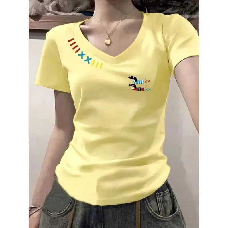 爆款夏季韩版2025甜美辣妹正肩短袖V领T恤潮流女生韩系ins衣服