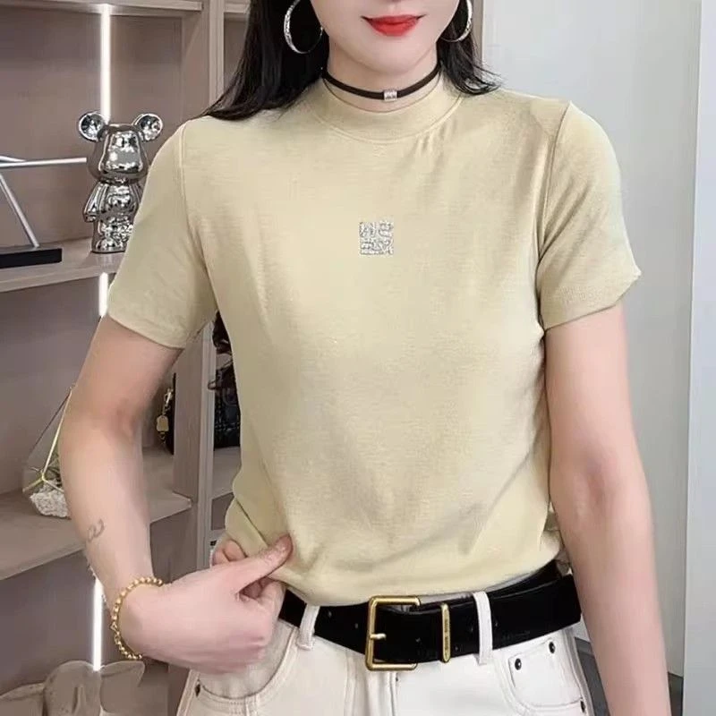 圆领气质短袖t恤女2025春夏新款洋气字母烫钻显瘦百搭纯色小上衣