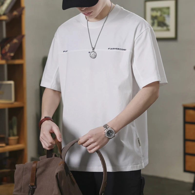 LEIGHZ/雷茨重磅短袖t恤男士潮牌字母刺绣体恤夏季宽松圆领上衣男