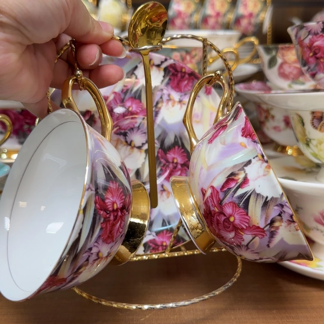 45%以上骨粉骨瓷紫色两杯碟送杯架快递装