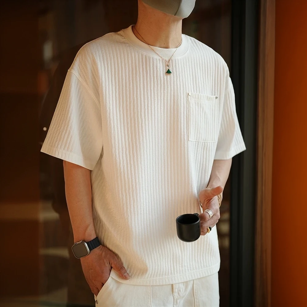 韩版轻奢哑光肌理纹褶皱短袖T恤男夏季时尚潮牌简约基础款圆领衫