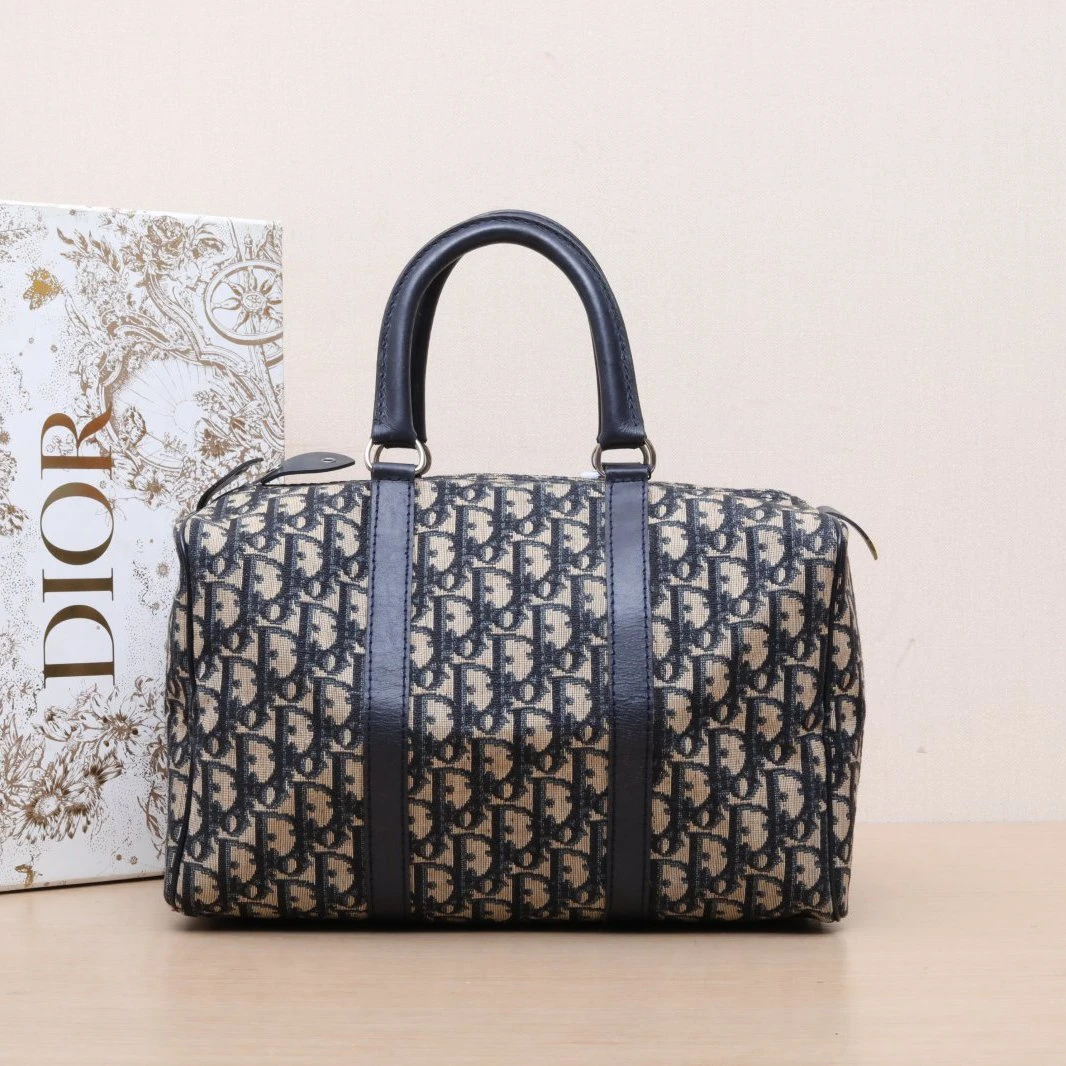 90新 DIOR/迪奥 小花攀攀 蓝色 帆布 银扣 波士顿旅行袋