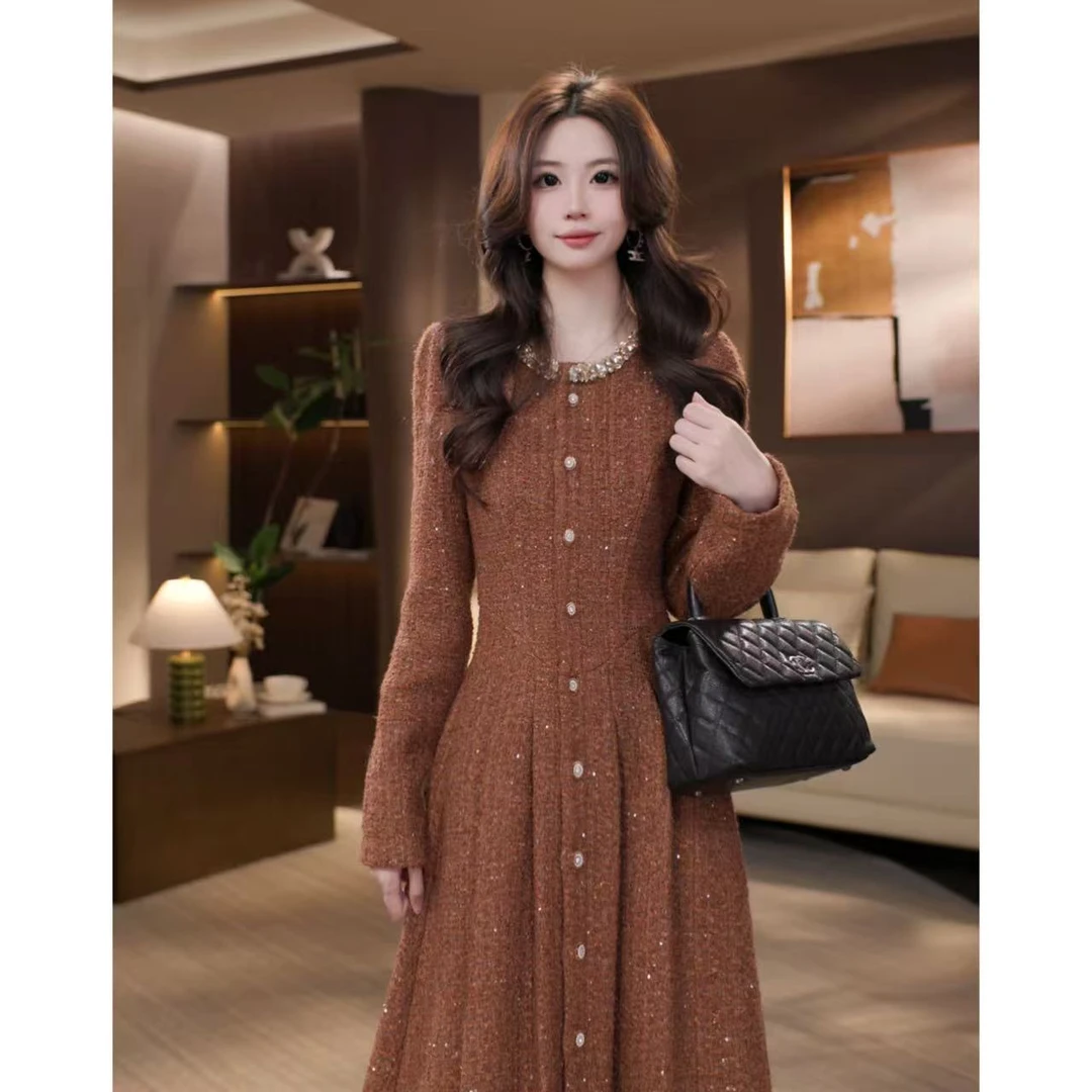 晓西【金韵山茶】冬季新款轻奢收腰显瘦小香连衣裙-59153K