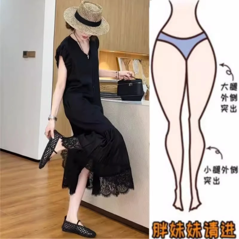 夏季薄款后背蝴蝶结设计感新款静奢慵懒风休闲蕾丝拼接花边连衣裙