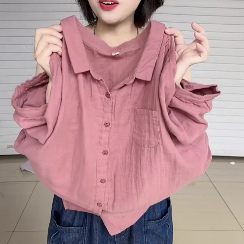 2025年夏季韩版纯色休闲短袖衬衫女纯色百搭减龄上衣百搭POLO衬衣