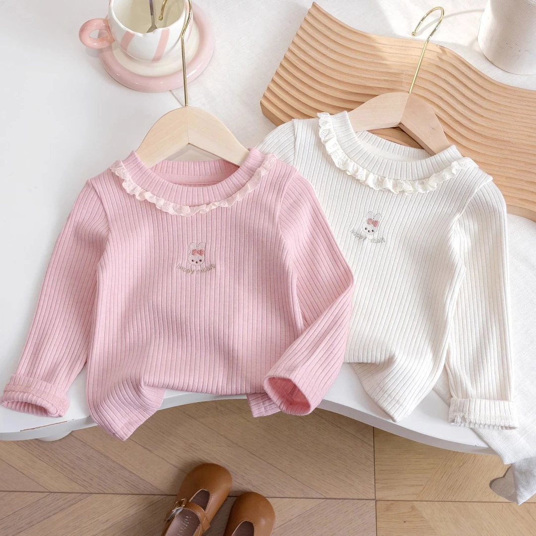 女童打底衫春秋新款宝宝甜美拼接花边圆领上衣儿童百搭洋气T恤