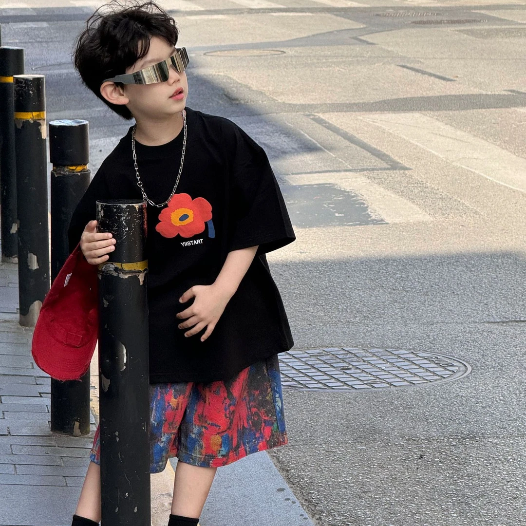 2025夏季新款儿童韩版洋气花朵短袖T恤男童休闲百搭半袖上衣