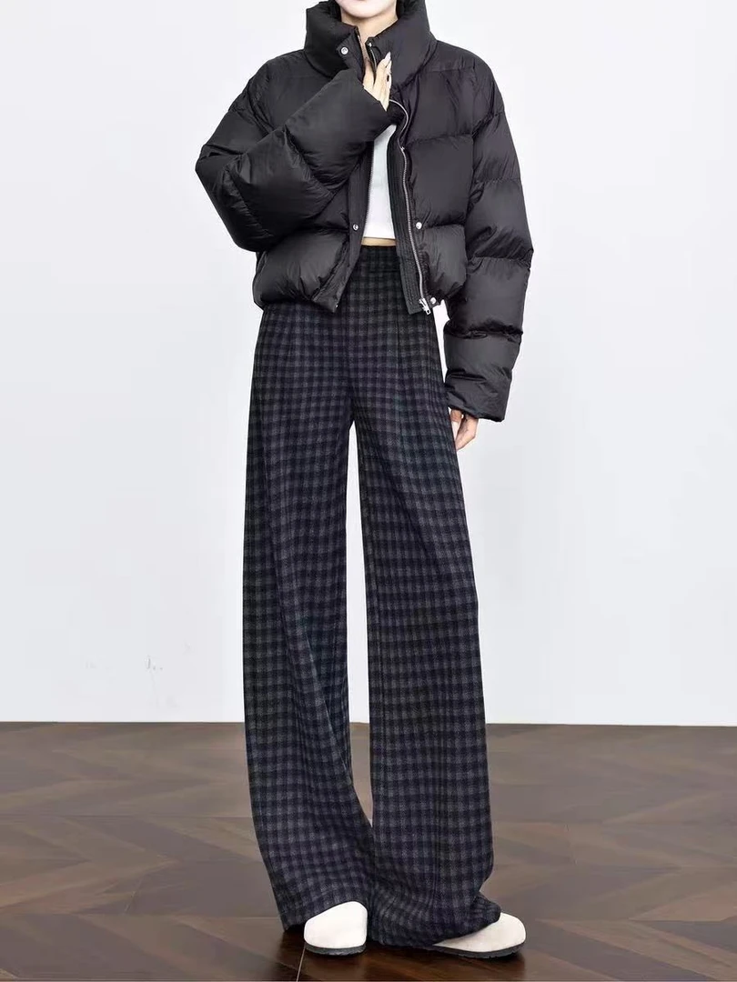 加绒加厚格子阔腿裤女秋冬2025新款高腰百搭宽松黑灰色直筒休闲裤