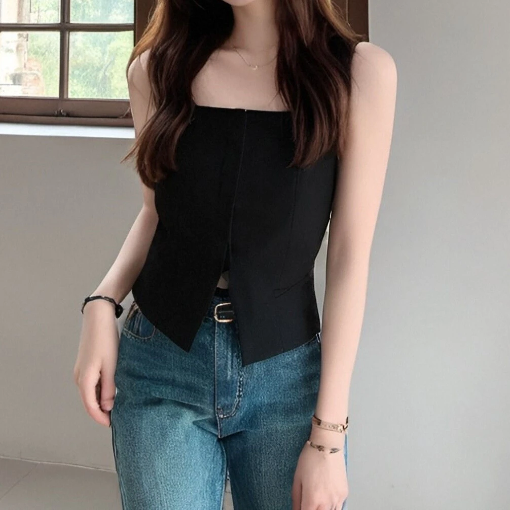 新款黑色无袖方领马甲女夏季修身设计感时尚小众上衣女性