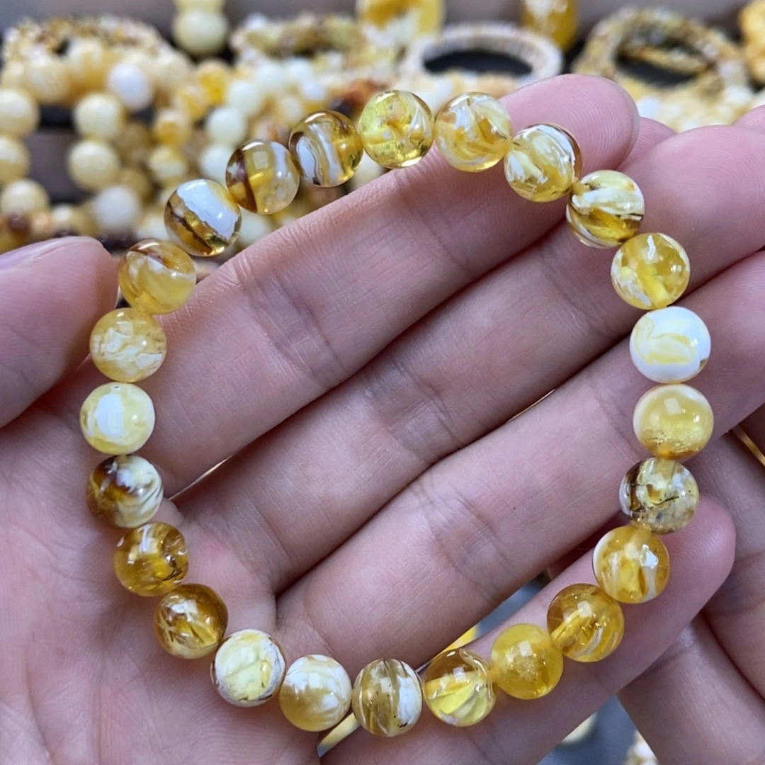 琥珀未镶嵌手链8+mm尺寸金漆白拉丝溶洞