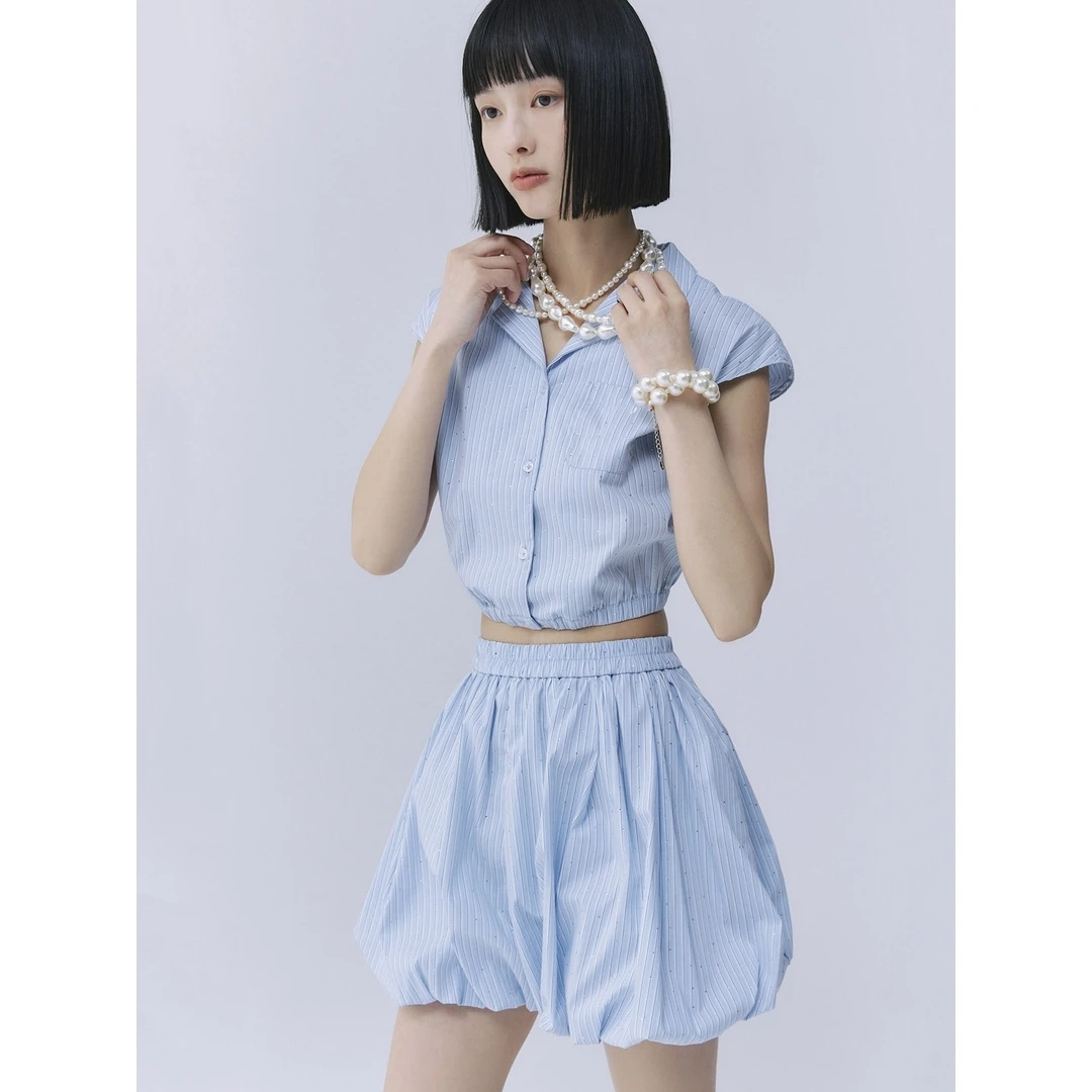 【MonTendre】夏季新款 E 细闪钉珠百搭无袖翻领衬衫气球裙女士套装