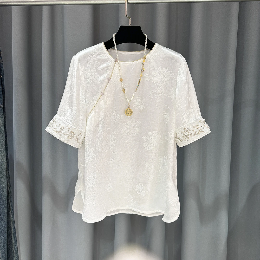 2025新款新中式醋酸打底短袖绣球花上衣