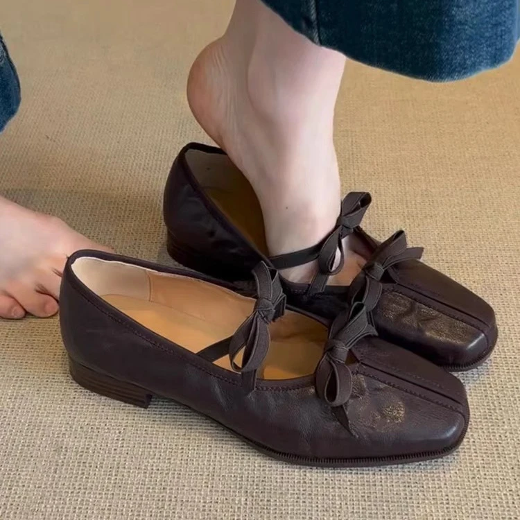 羊皮~真皮法式芭蕾舞鞋女软底配裙子复古玛丽珍鞋蝴蝶结平底单鞋