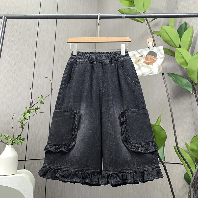 胖mm大码松紧腰牛仔短裤女款宽松阔腿五分裤可爱风黑色学生中裤