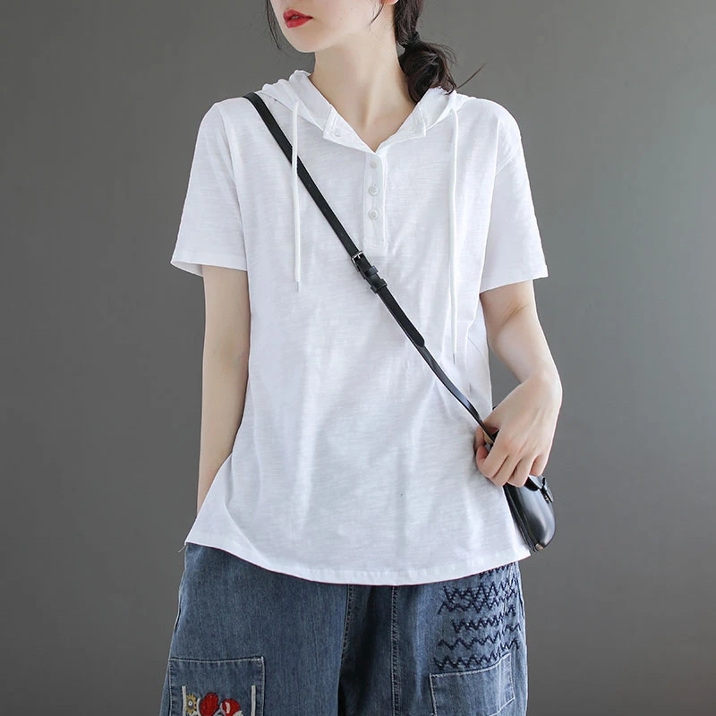 正品竹节棉100%纯棉宽松连帽短袖t恤女士夏季显瘦洋气气质女帽衫