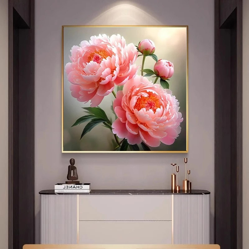 新中式花开富贵牡丹挂画入户对门客玄关背景墙装饰画客厅床头壁画