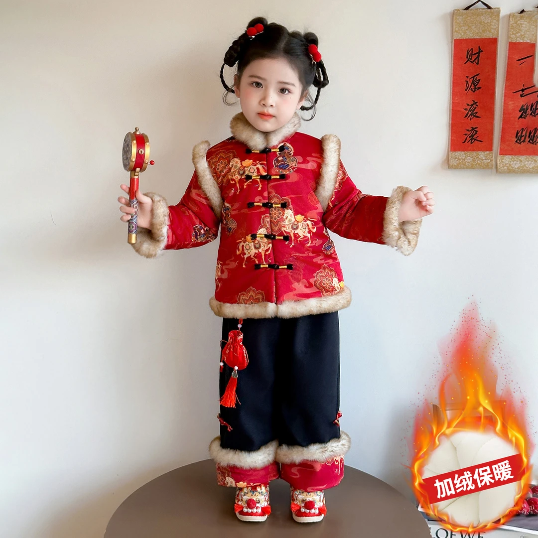 女童加绒拜年服套装冬季儿童加厚中国风唐装女宝宝新中式汉服冬装