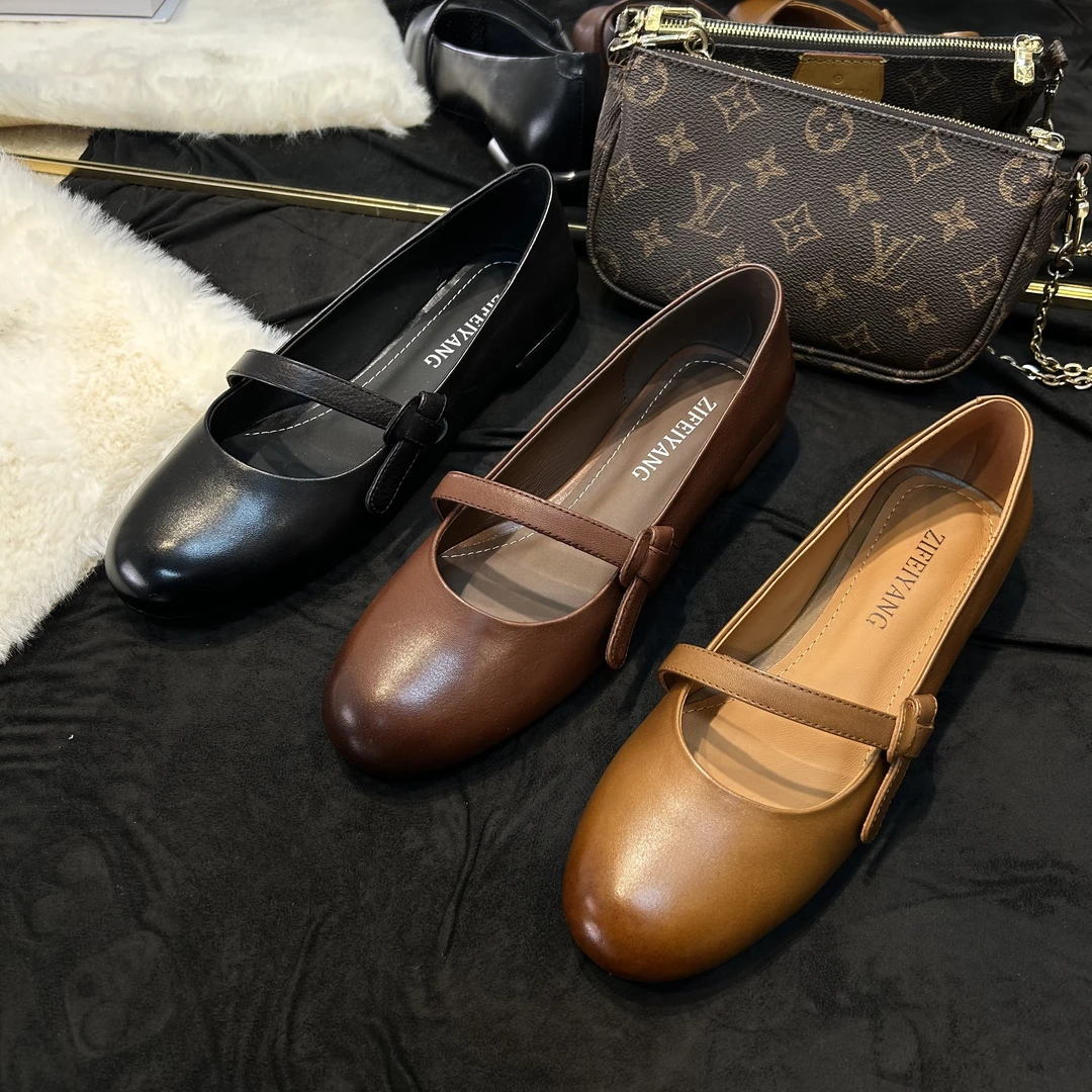 TTG2025新款平跟小圆头真皮气质女神浅口单鞋9216