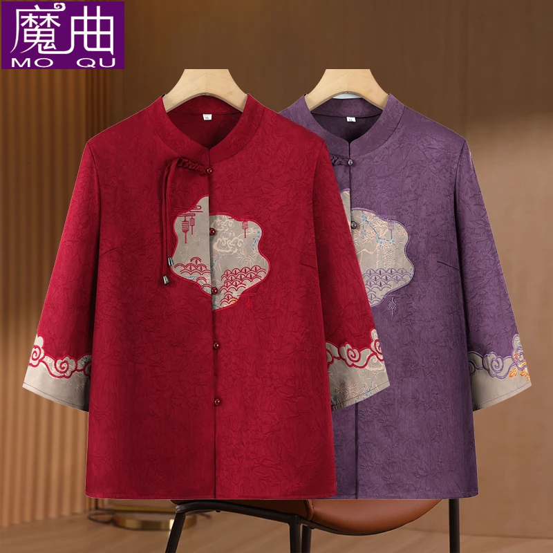 奶奶春夏装薄款衬衫中老年女装七分袖上衣60岁70妈妈太太唐装衬衣