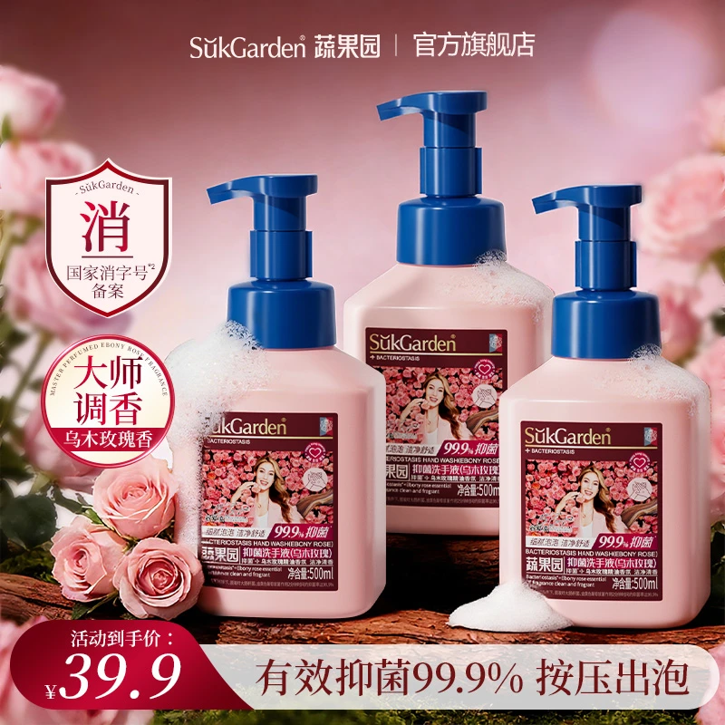 【升级抑菌】蔬果园乌木玫瑰泡沫洗手液家庭实惠装500ML