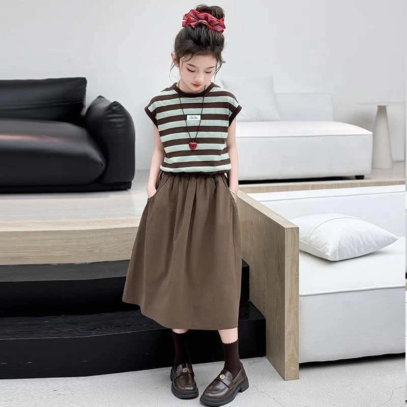 女童套装2025新款夏季儿童洋气薄款短袖中大童夏季时髦裙子两件套