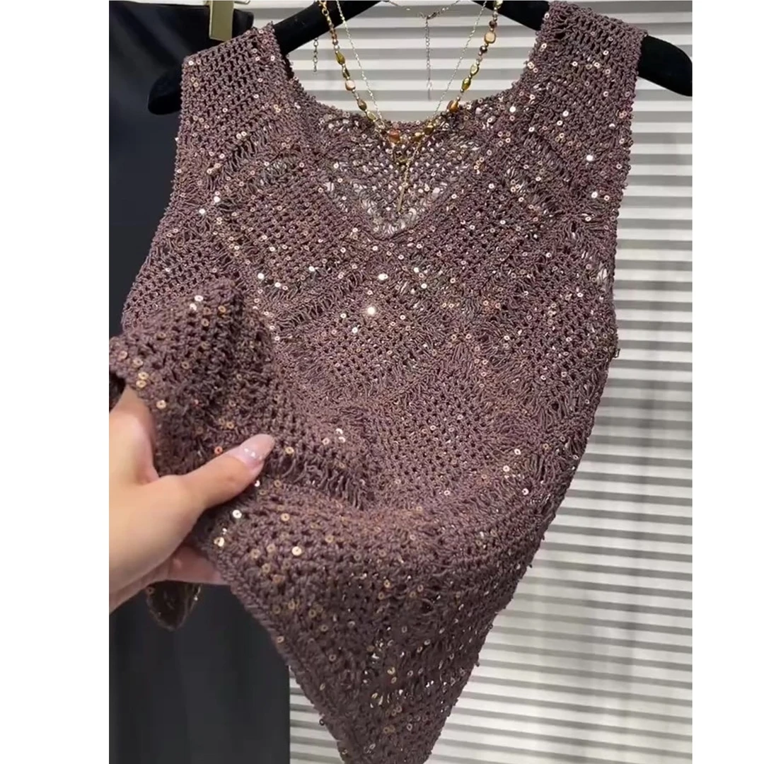 简约无袖亮片背心舒适镂空别致小v领菱格短款上衣女2025夏季新款