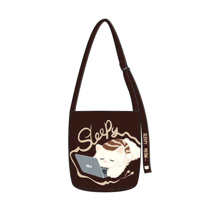 艺术鸭原创困困喵椭圆底飘带水桶包单肩斜跨手提小众百搭通勤包