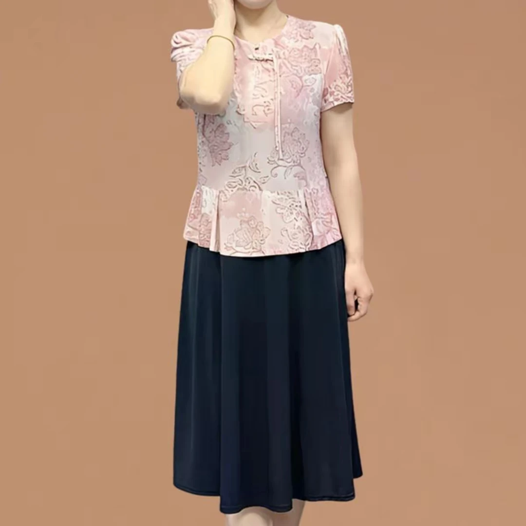 2025夏季新款假两件气质妈妈装连衣裙时尚显瘦过膝盖中老年女装