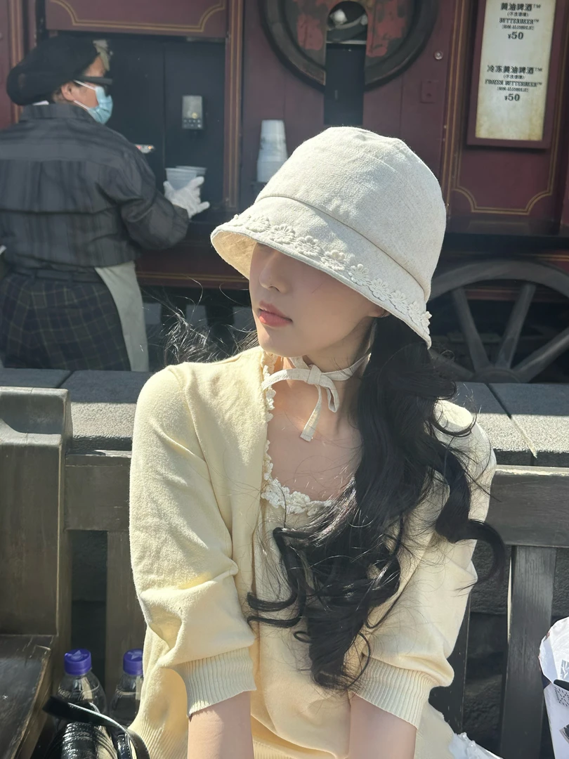 闪电小狗刺绣亚麻可爱防晒渔夫帽春夏出游海边遮阳帽子显脸小盆帽