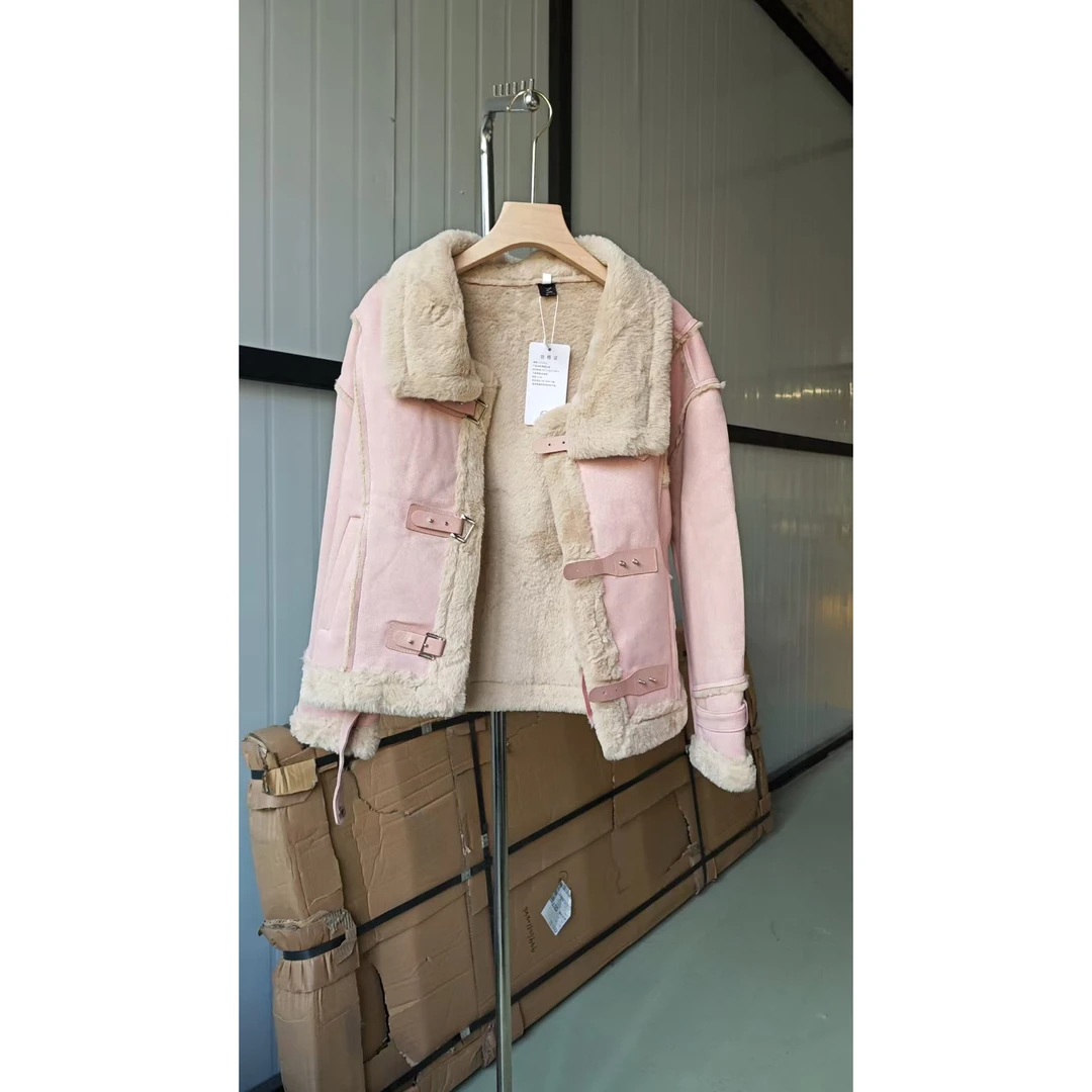 【A019】粉色加厚皮毛一体上衣