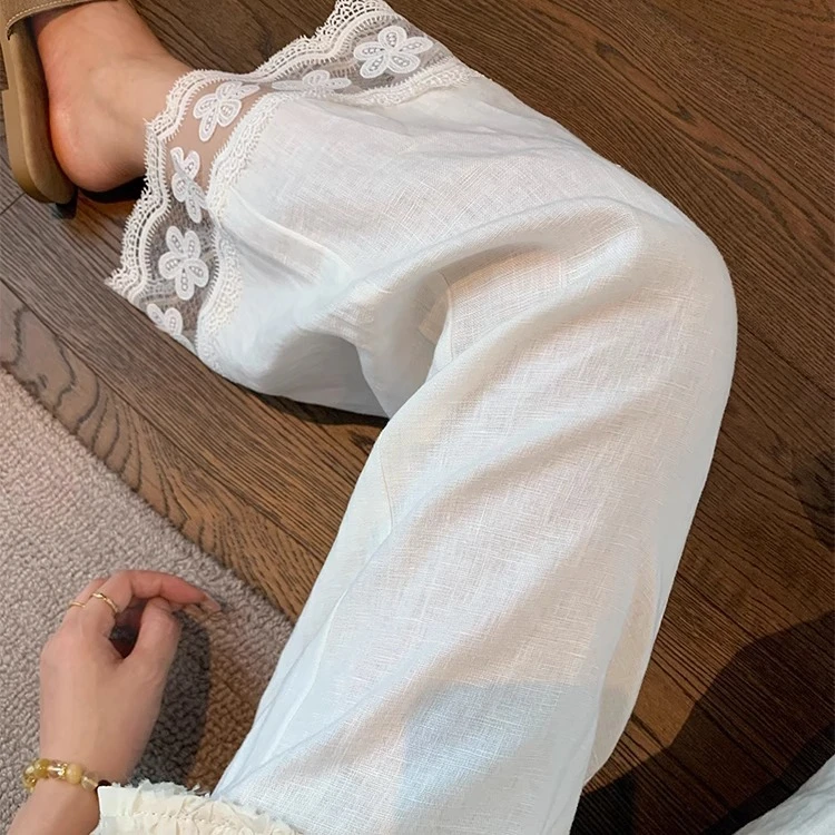 设计感镂空蕾丝花边亚麻阔腿裤女夏季新款时尚百搭宽松显瘦九分裤