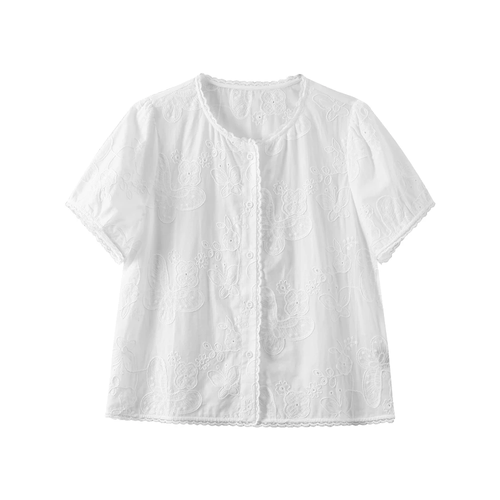 圆领刺绣衬衫蕾丝短袖休闲风夏季S388