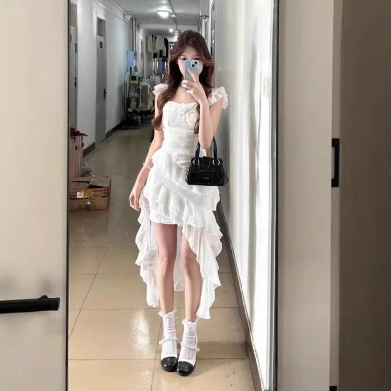 无限可能~夏季法式玫瑰花气质长拖尾无袖氛围感吊带波点连衣裙