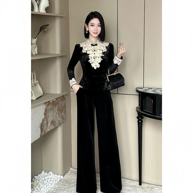 黑色新中式丝蕾丝套装女秋2025新款高级感气质显瘦阔腿裤两件套