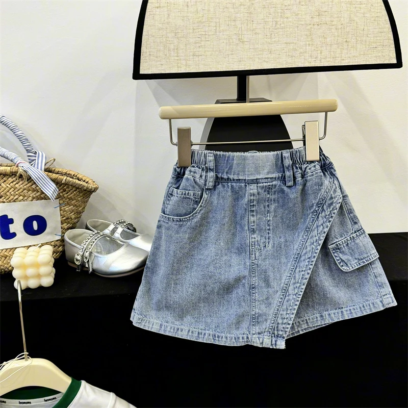 现货【夏日主角】女童夏装牛仔裤洋气儿童假两件设计A版裙裤短裤潮