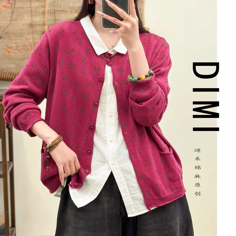 秋季女士碎花针织复古宽松型毛衣宽松毛针织衫时尚常规印花86115