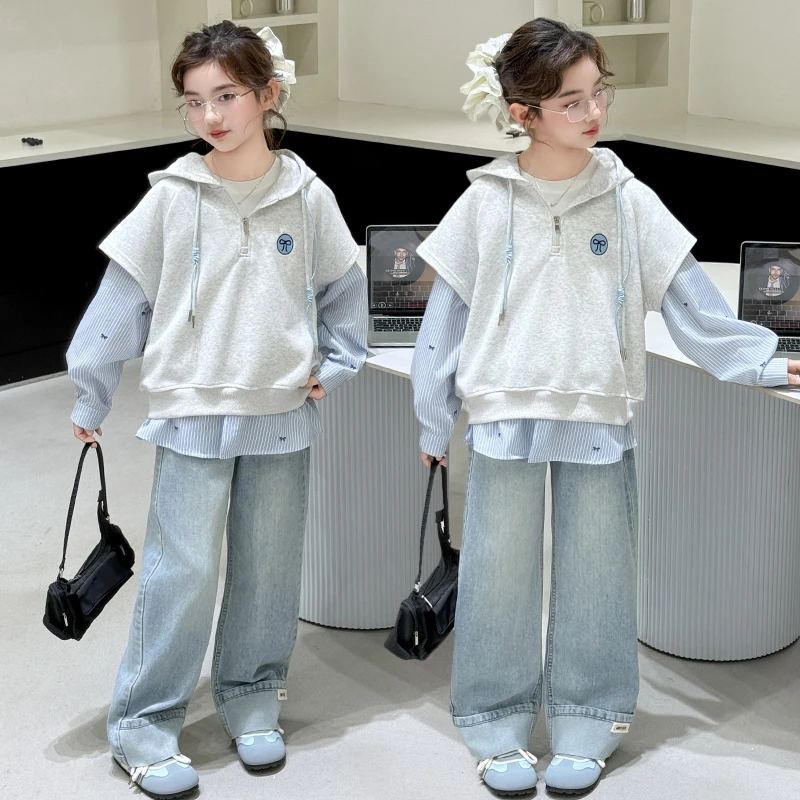 女童秋季套装2025新款卫衣牛仔裤两件套小女孩春秋装连帽韩版洋气
