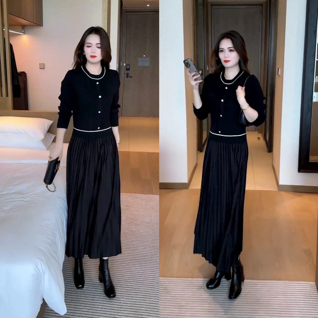 拉夏贝尔假两件连衣裙女2025秋冬新款时尚洋气过膝打底毛衣长裙